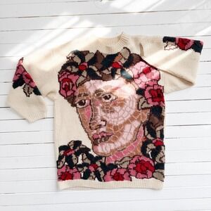 Next Ladieswear vtg cream wool stained glass face hand‎ knit sweater size S-M